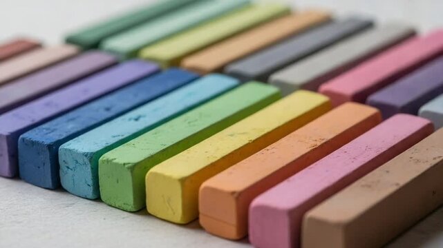 Array of Assorted Pastel Colored Chalk Sticks Laid Out on a White Surface With a Brush Gently Touching One Stick