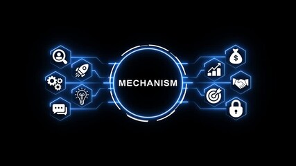 Futuristic blue neon hexagonal network connecting to central glowing circle abstract technology background digital interface data flow science innovation concept - Powered by Adobe