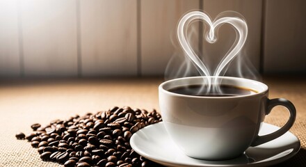 Steaming Cup Of Coffee With Heart Shaped Smoke Above Surrounded by Coffee Beans On Burlap Surface Front of Wooden Wall
