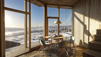Modern architectural design home interior with snow landscape view, wooden interior design