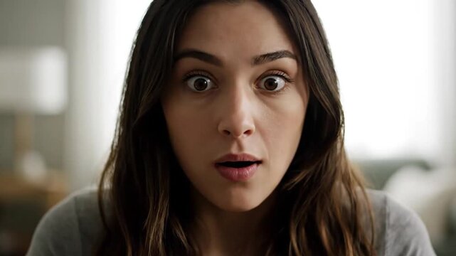 Surprised young woman with wide eyes and open mouth showing shock, close-up