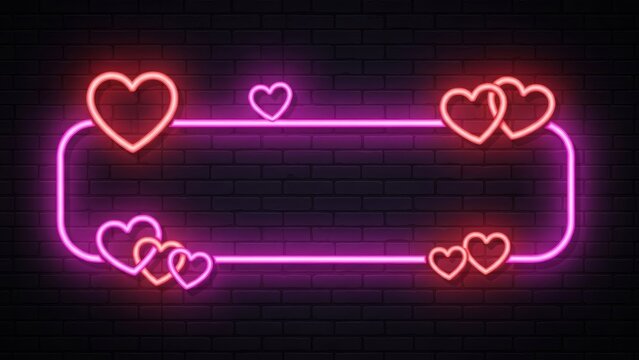 Colorful neon love hearts glowing on dark brick wall background for romantic