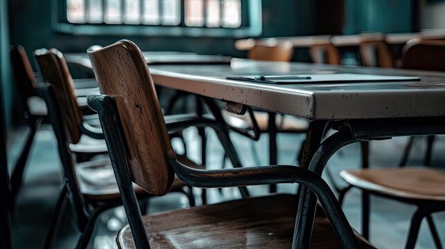Close-up of wooden chairs and a table in an empty classroom, with a window in the background. The scene is lit with moody, cool-toned lighting.