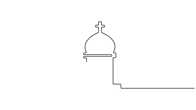 Self animated minimalist, single continuous line drawing of a church or a chapel dome with a cross on top. Full length single line art animation