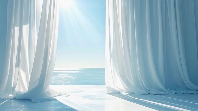柔らかな光とカーテン越しに広がる海の風景｜Soft ocean view through sheer curtains in gentle sunlight
