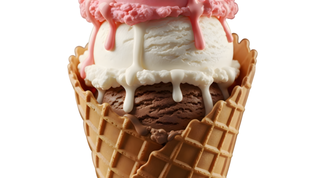 Delicious ice cream cone with three flavors isolated on transparent background