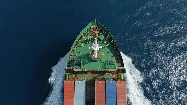 A fast moving container ship cuts forward across open ocean creating a dynamic wake pattern