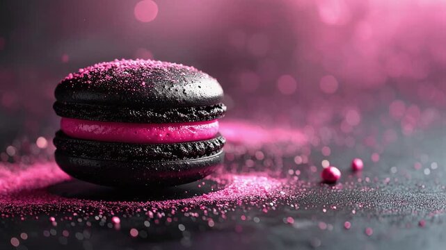 Video eine schwarz pinken Macaron mit Glitzer vor einem schwarzen Hintergrund - Bewegung