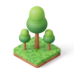 Isometric Trees on Green Patch - A Low Poly 3D Render.