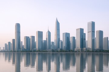 Naklejka premium Modern Cityscape Reflection at Waterfront: Tranquil Urban Skyline with Contemporary Architecture and Calm Water