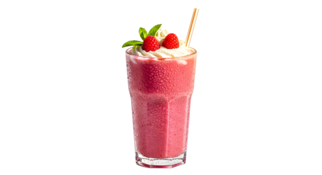 Delicious raspberry smoothie in tall glass garnished with berries isolated on transparent background
