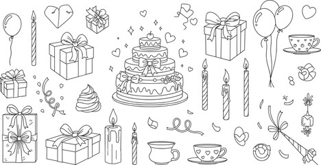 Bow and Ribbon Coquette Birthday Set in Hand Drawn Line Art.