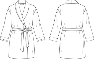 Short shawl collar bathrobe technical flat sketch front and back views belted waist cuffed sleeves sewing pattern garment vector illustration