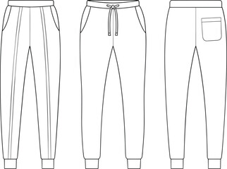 Slim tapered jogger pants technical flat sketch front back side views elastic waistband drawstring ribbed cuffs side pockets tailored pleat
