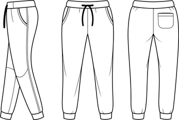 Technical vector illustration of men’s jogger sweatpants featuring ribbed cuffs, drawstring waistband, side pockets, back pocket and clean modern athletic design