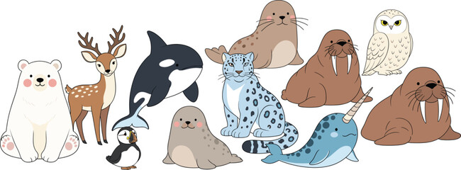 Cute Vector Collection of Arctic and Polar Animals, Featuring a Polar Bear, Orca Whale, Walrus, Snow Leopard, Narwhal, Snowy Owl, Seal, Puffin, and Reindeer, Designed in a Charming Cartoon Style © MstMukta