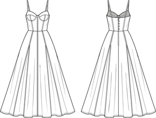 Elegant women’s dress technical fashion sketch featuring fitted bodice, flared skirt, detailed seams, front and back views for apparel design projects