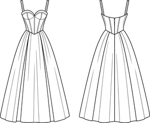 Elegant women’s corset dress technical flat sketch featuring structured bodice, fitted straps, flowing full skirt, detailed seams, front and back views