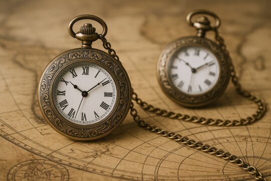 Antique Pocket Watches on World Map: Time Travel, History, Vintage, and Exploration Concepts