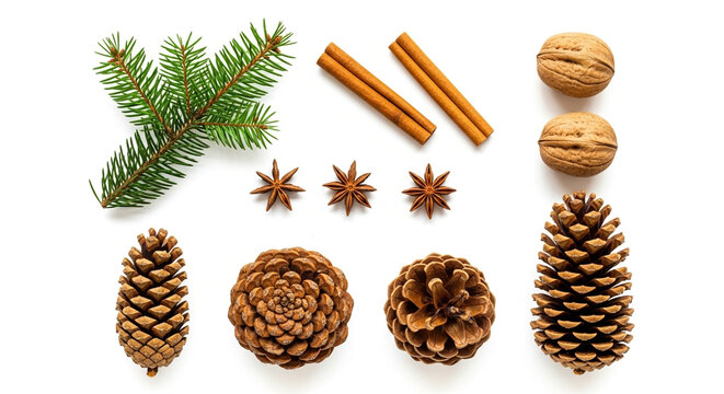 A collection of festive winter elements including pine sprigs, cinnamon sticks, star anise, walnuts, and pinecones, isolated on white background