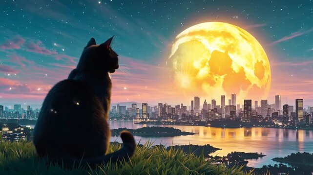 Lofi Lovely dream anime cityscape. black cat looking city hill. Beautiful landscape fireflies big moon Explore mesmerizing cat rain sunset, perfect VTubers, Lo-Fi, animations, streaming animation