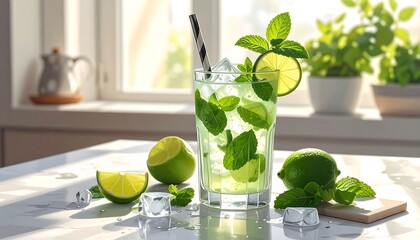 Refreshing Mojito Cocktail on a Marble Table.