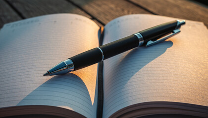 Black Ballpoint Pen on Open Lined Notebook at Sunset