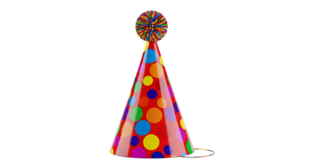 Festive red party hat with colorful polka dots and pompom perfect for birthday celebrations and fun events on transparent background