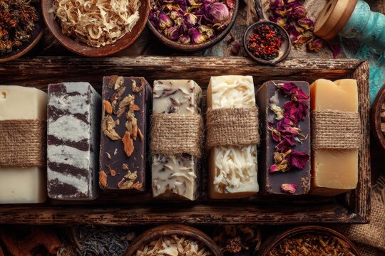 Handmade Soap Bars Arranged on Wooden Tray with Natural Ingredients