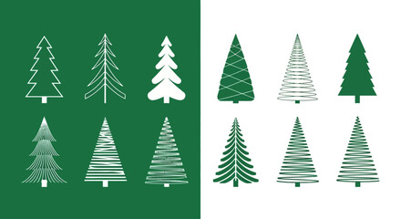 Stylized Evergreen Tree Collection &ndash; Hand-Drawn Forest Icons with Unique Shapes and Outlines