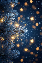 Fototapeta premium Magical Christmas Background with Frosty Pine Branches, Glowing Star Bokeh, and Snowy Dark Blue Night Sky