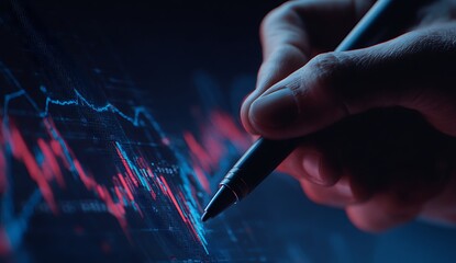 Financial Analysis with Pen Pointing at Graph Detailed Stock Market Analysis Stock Chart with Rising and Falling Trends Hand Holding Pen for Data Review