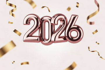 New Year 2026 Rose Gold Celebration Numbers with Floating Confetti on Soft Minimal Background