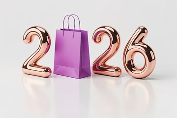New Year 2026 Shopping Concept with Rose Gold Numbers and Purple Bag for Holiday Promotions