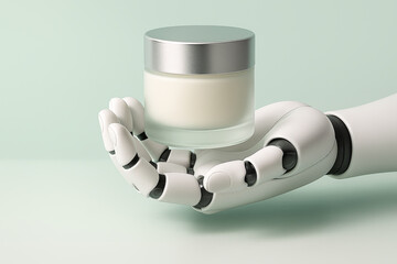 White robotic hand holding glass cosmetic jar - futuristic skincare concept symbolizing AI innovation, technology and self-care in beauty industry