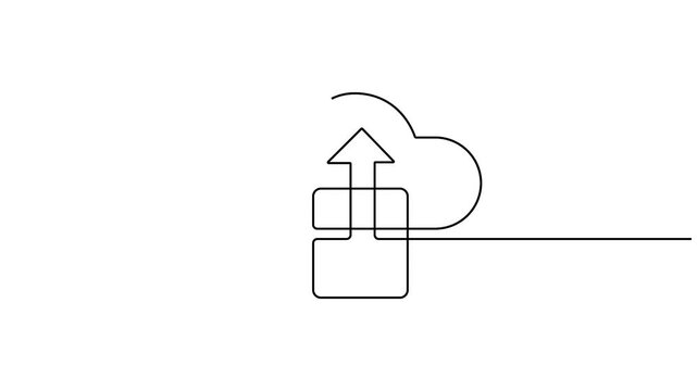 Self animated minimalist single-line art illustration representing a cloud storage upload icon. Full length one line animation 