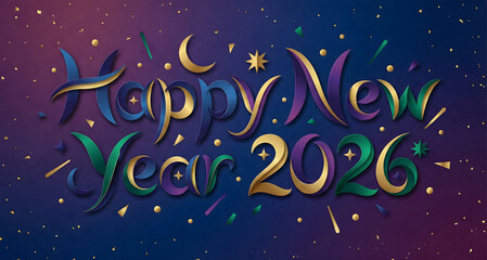 Fototapeta premium Festive happy new year 2026 lettering with colorful sparkles and a crescent moon