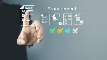 Touchless digital procurement workflow concept showing a hand selecting invoice documents with verification icons. Suitable for ERP software, B2B purchase management and paperless approval systems. 
