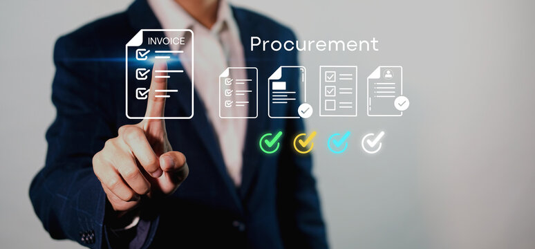 Touchless digital procurement workflow concept showing a hand selecting invoice documents with verification icons. Suitable for ERP software, B2B purchase management and paperless approval systems. 