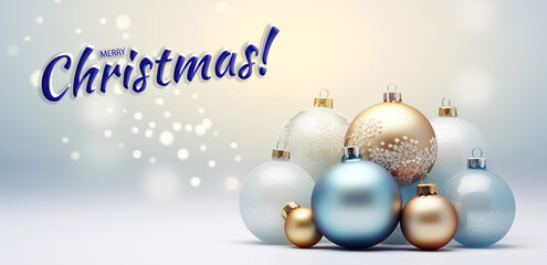merry Christmas. Elegant New Year Greeting Design with Golden, Text. Festive blue Baubles Decorate silver Gradient Background