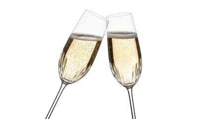 Two champagne flutes toasting against a perfect for celebrations new year's eve or special occasions with sparkling bubbles inside on transparent background