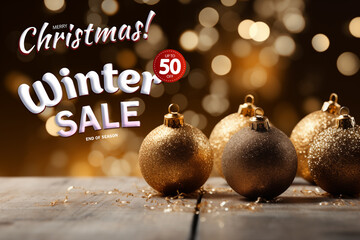 Elegant Greeting Design and Text. merry Christmas. Festive Gold and Silver Baubles Decorate Dark Elegant Background.