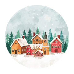 Fototapeta premium Winter Village Scene With Colorful Houses and Snow-Covered Trees