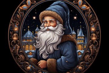 Santa Claus Wearing a hat. A Christmas card Greeting template. Winter holiday background with golden confetti. Festive, Joyful. worth it.