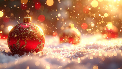 Festive Ornament Delight: A close-up shot of a single, vibrant red Christmas ornament resting gently on a snowy surface, with blurred lights and bokeh effects adding to the festive atmosphere.