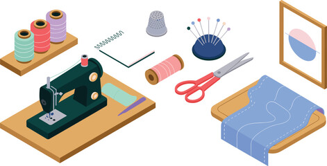 Isometric illustration of sewing workspace with machine, scissors, thread spools, fabric, pins, notebook and tailoring accessories for crafting projects