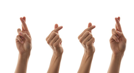 Four hands making gestures two with crossed fingers for luck and two making a heart shape isolated on white background