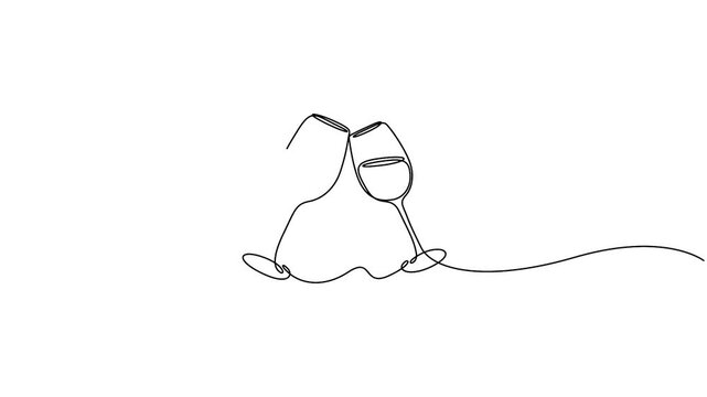 Self animated minimalist, continuous one-line drawing of two wine glasses clinking together