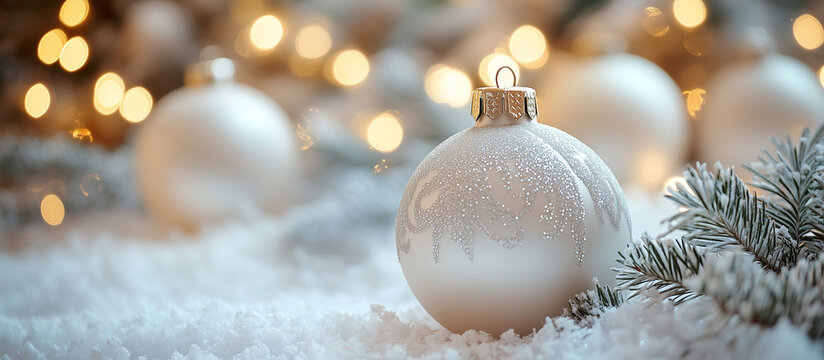Christmas white ornament ball and spruce tree close up, bokeh lights background. Merry Christmas and Happy Holidays greeting card, frame, banner. New Year. Noel. Winter festive xmas decoration. - Powered by Adobe