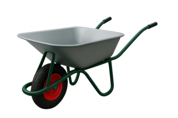 Gray wheelbarrow with green frame and red wheel, designed for gardening and hauling loads